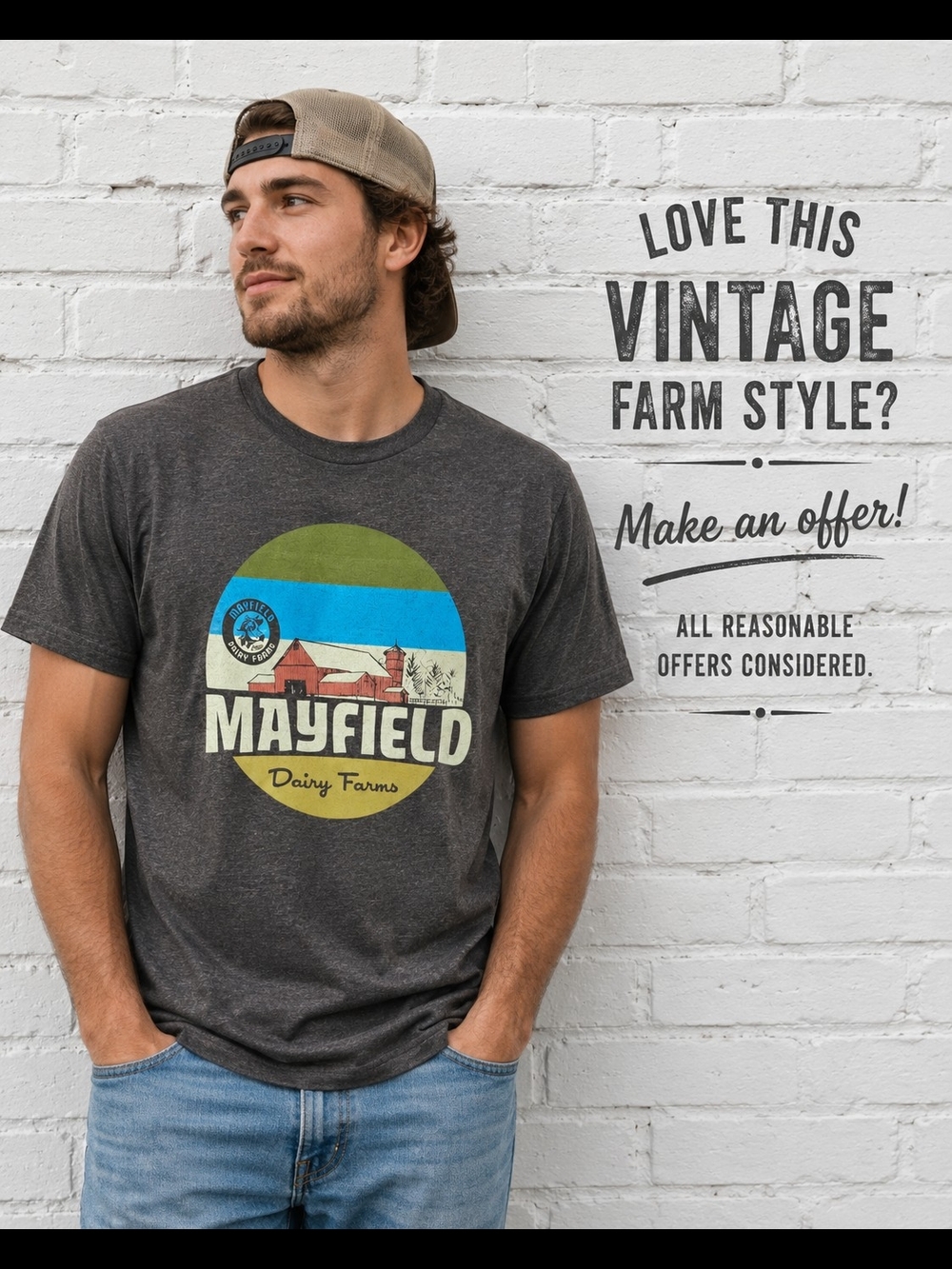 Mayfield Dairy Farms Graphic Tee Shirt Retro Farm Logo Heather Gray Medium